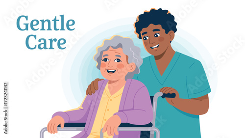  Smiling caregiver supporting elderly person in wheelchair—symbolizing gentle care, compassion, and professional elder healthcare service