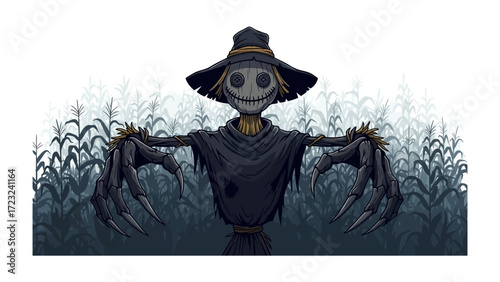 The Scarecrow Guarding the Harvest: A pixelated scarecrow stands sentinel over a field of corn. Its unsettling gaze and outstretched arms create an atmosphere of eerie vigilance.