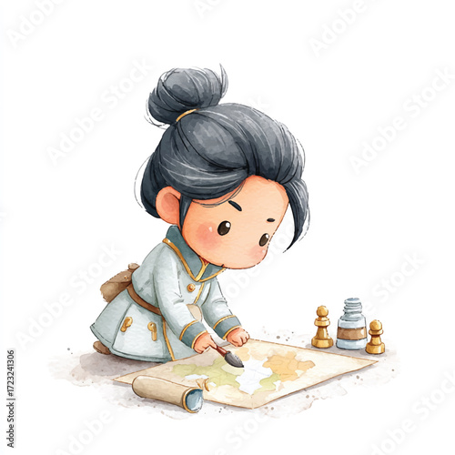 Chibi Girl Concentrated on Drawing with Ink and Brush.