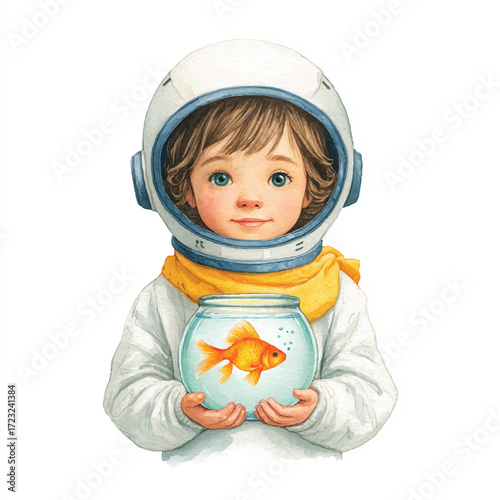 Child Astronaut Holding Goldfish Bowl - A Whimsical Space Dream.