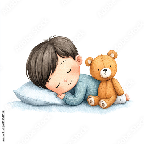 Child Sleeping Peacefully with Teddy Bear Watercolor Illustration.