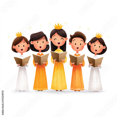 Choir of young singers performing with songbooks in colorful dresses.