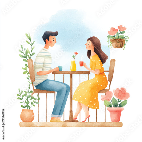 Couple enjoying a romantic outdoor cafe date with drinks and flowers.