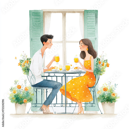 Couple enjoying breakfast on a balcony, romantic and intimate moment.