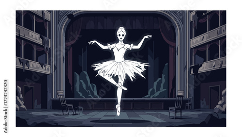 Haunted Ballerina on Stage: A spectral ballerina gracefully pirouettes in a decaying theater, with an ominous backdrop. This artwork portrays the essence of both beauty and the macabre.