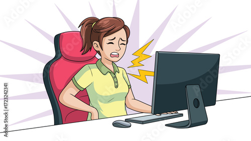 Cartoon illustration of office worker with back pain at computer—symbolizing poor posture, ergonomic issues, and workplace discomfortrint 