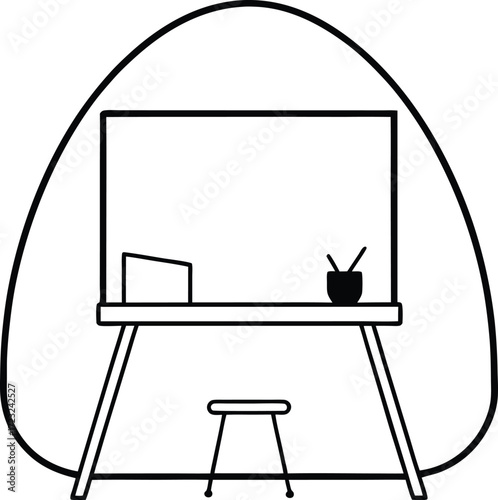 minimalist coworking pod desk line art illustration on transparent