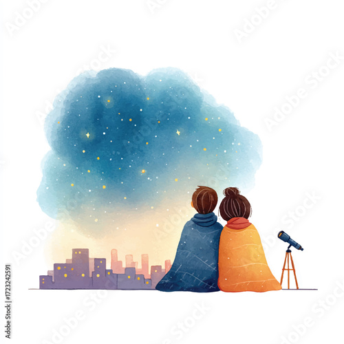 Couple stargazing with telescope in city skyline watercolor illustration.
