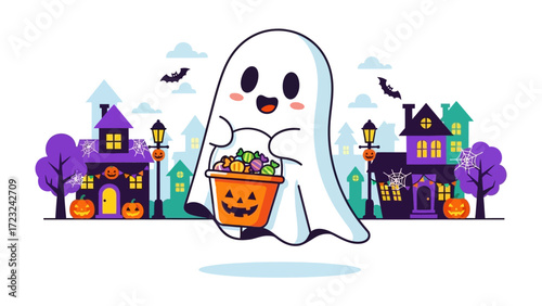 Spooky Candy Hunt: A cheerful cartoon ghost floats joyfully through a Halloween-decorated street, carrying a jack-o'-lantern bucket filled with sweet treats, evoking the playful spirit of the holiday.
