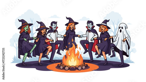 Spirited Halloween Celebration: A whimsical and spirited Halloween gathering unfolds around a crackling bonfire, where costumed figures, including witches, vampires, and a playful ghost.