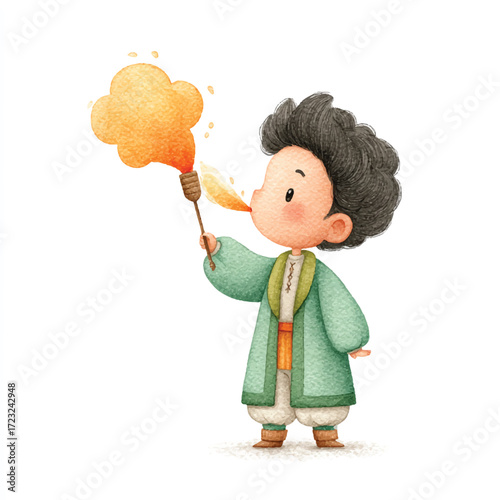 Cute boy in green robe lighting sparkler.