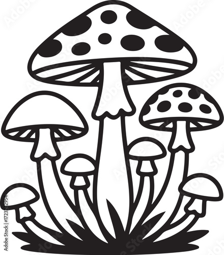 Cluster of Wild Mushrooms Growing in Grass Field Illustrated in Detailed Line Art