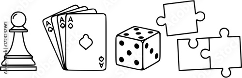 Board games icon set vector illustration featuring chess cards dice and puzzle pieces for game night
