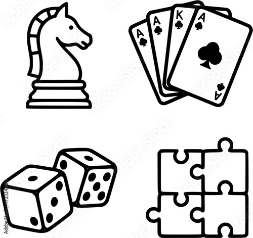 Board games icon set vector illustration featuring chess cards dice and puzzle pieces for game night
