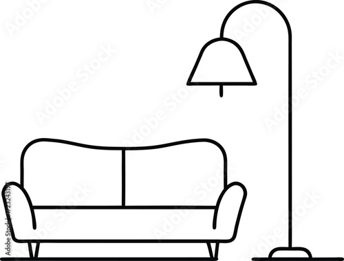 minimalist coworking sofa and lamp line art illustration on transparent