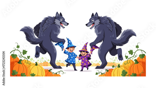 Halloween Fantasy: Two young children are in the magical world of Halloween, with spooky, cartoonish characters dancing around them. The children is in the midst of the pumpkins and the character.