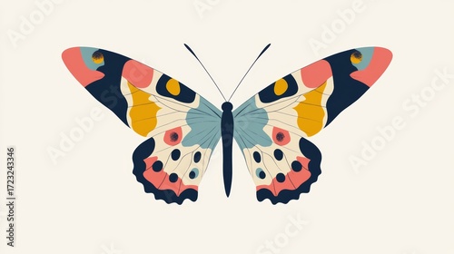 A colorful butterfly with a blue and pink body and a yellow head. The butterfly is drawn in a style that is reminiscent of a cartoon