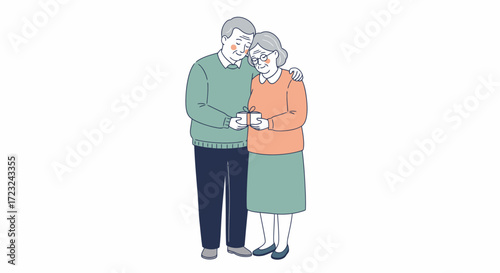Affectionate elderly couple holding hands,  standing close together,  simple line art illustration.