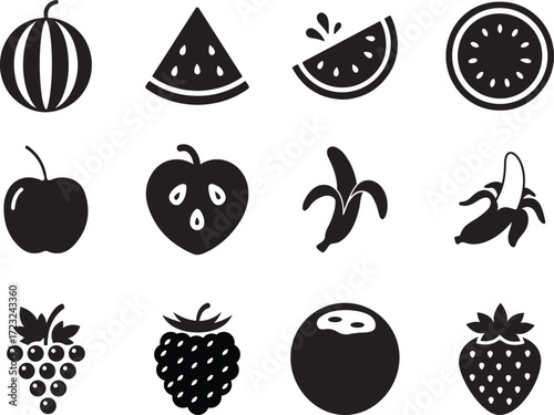 Set of Fresh Fruit Icons in Simple Silhouette Style.  Black and White Fruit Icons Watermelon Apple Banana and Berries.