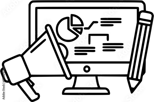 Content marketing strategy on computer with megaphone and pencil for digital advertising campaign
