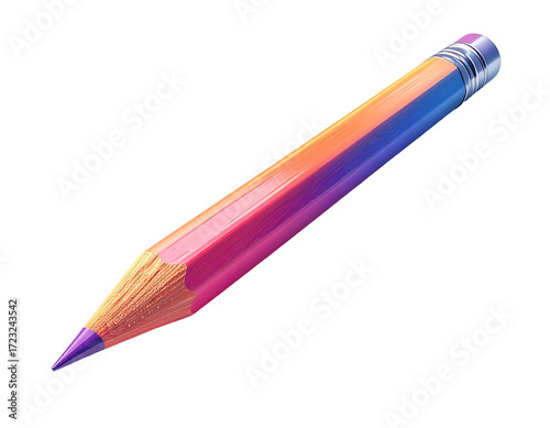 A vibrant, gradient-colored pencil, transitioning from deep purple to bright orange, features a sharpened point and metallic ferrule.  Its wooden body showcases a smooth, polished finish