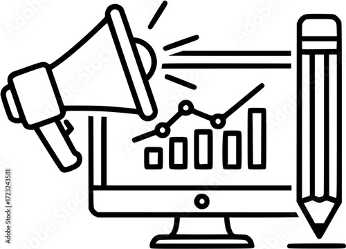Content marketing strategy on computer with megaphone and pencil for digital advertising campaign
