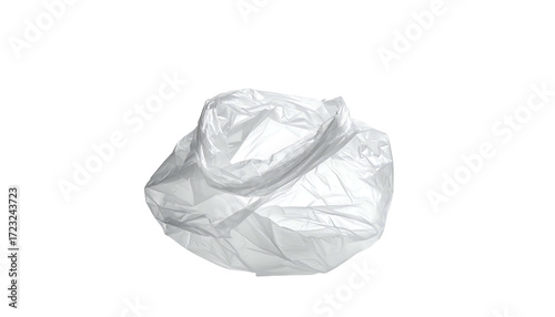 Crumpled white plastic bag, possibly disposable, showing wrinkles and folds, isolated on black background