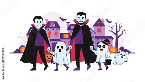 Halloween Family Outing: Spooky figures in Halloween costumes and ghostly apparitions traverse a street, inviting viewers into a whimsical illustration of the festive season. 