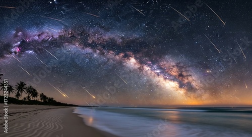 Celestial spectacle of a meteor shower and the Milky Way galaxy arching over a tranquil tropical beach at night