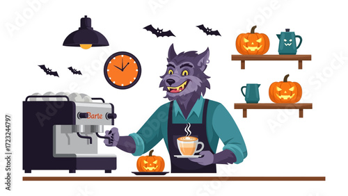 Spooky Barista's Brew: A werewolf barista expertly crafts a steaming cup of coffee in a festive Halloween setting, complete with jack-o'-lanterns and a bewitching ambiance.