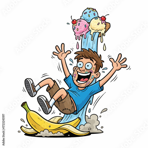 A high-res vector of a character comically slipping on a huge banana peel. With a waterfall of ice cream pouring down, this design is instantly hilarious. Perfect for humor.