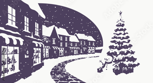 A wintery street scene with snow falling, buildings, and a decorated Christmas tree.