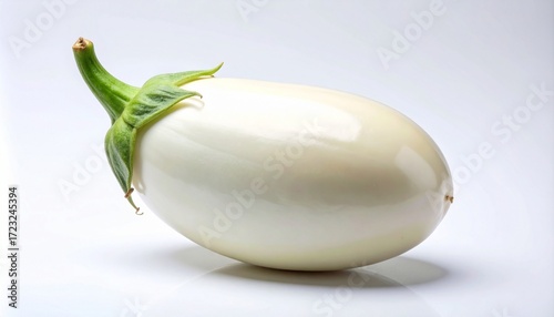Single white eggplant with smooth glossy skin and green calyx on plain white background for editorial food photography rare produce and culinary ingredient-themed visuals