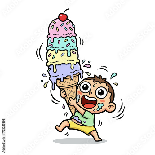 Tiny Character with Giant Ice Cream. An ultra-high-res cartoon vector of a tiny, comical character comically struggling to hold an enormous, wobbling ice cream. Perfect for comedy and meme designs.