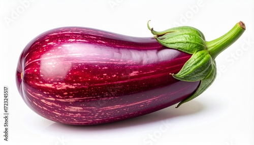 Single eggplant with glossy marbled purple skin and green calyx on smooth surface for editorial food photography agricultural produce and culinary ingredient-themed visuals