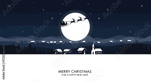 Magical Santa sleigh flies over peaceful winter village under starry night sky and glowing full moon