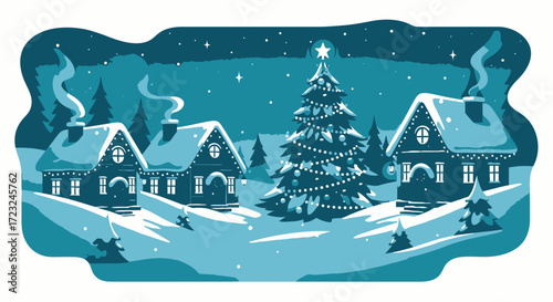Winter scene with snow-covered houses, a decorated Christmas tree with a star, and smoke rising from chimneys under a starry sky.