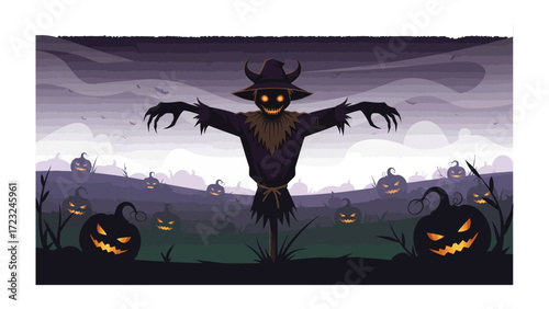 Spooky Scarecrow in the Halloween Field: A ghoulish scarecrow stands amidst a field of glowing pumpkins, silhouetted against a shadowy, unsettling sky.