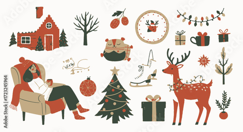 A cozy Christmas illustration featuring a woman relaxing in a chair, a decorated tree, a house, a deer, and other festive holiday elements.