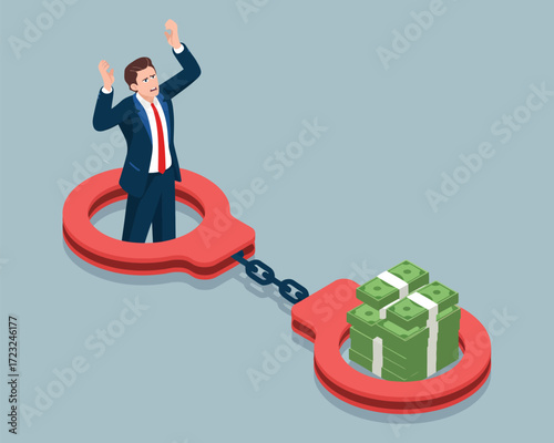 Businessman trapped in red handcuffs beside stack of money—symbolizing financial crime, corruption, legal consequences, and accountability 