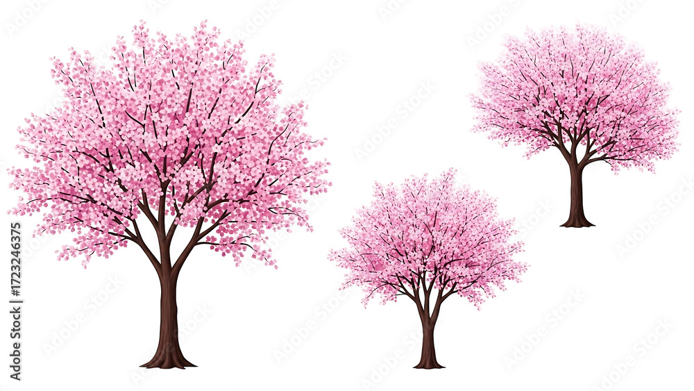 Obraz premium Three stylized cherry blossom trees in varying sizes, vibrant pink blossoms against a dark background