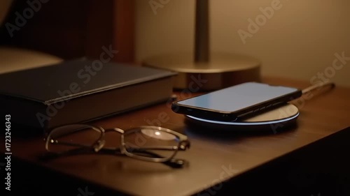 Smartphone Wirelessly Charging on Bedside Table with Book and Glasses in Dim Evening Light
