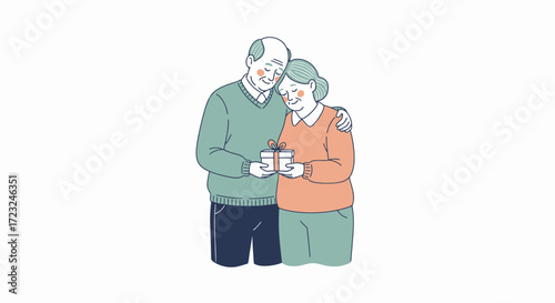 Elderly couple exchanging a small gift, embracing with affection and love, on a white background.