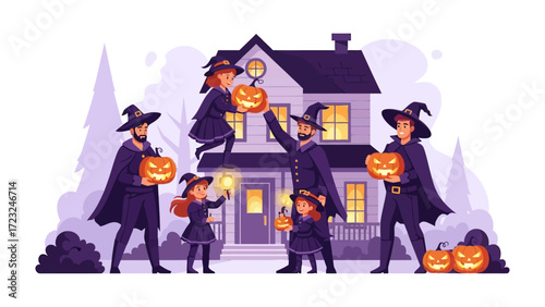 Halloween Gathering: A lively family, donned in festive attire, engages in carving illuminated jack-o'-lanterns and preparing for trick-or-treating in front of a charming home. 