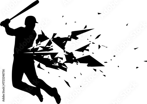 Dynamic baseball player silhouette swinging bat with explosive energy effect for sports branding, athletic design, team logos, and competitive visuals