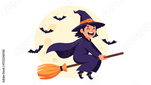 Enchanting Witch: A charming witch, with a playful smile, takes flight on her broomstick against the backdrop of a full moon, surrounded by the mystical allure of a night filled with bats.