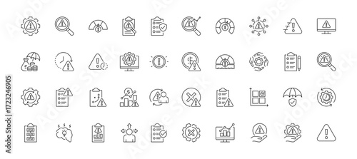 Risk Management icon set containing risk identification, assessment, mitigation, analysis, control, define, threat and risk monitoring vector icons
