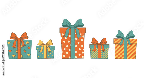 Five colorful gift boxes with bows, each with a unique pattern, arranged in a row against a white background.