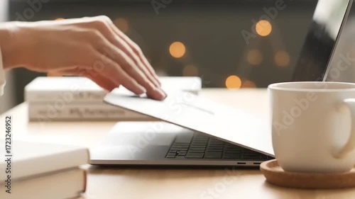 Close-up of a person's hand opening and closing a modern laptop on a wooden desk with a coffee mug and books