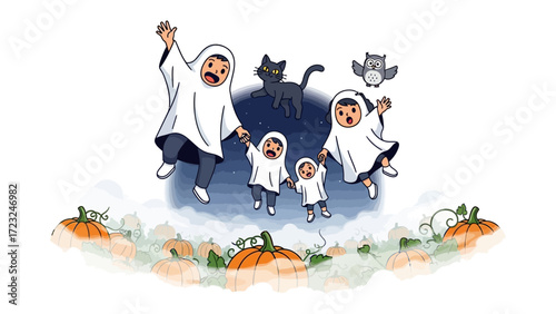 Whimsical Halloween Family Flight: A family dressed in whimsical ghost costumes joyfully soar through the night sky, accompanied by a black cat and a wise owl, over a field of pumpkins.